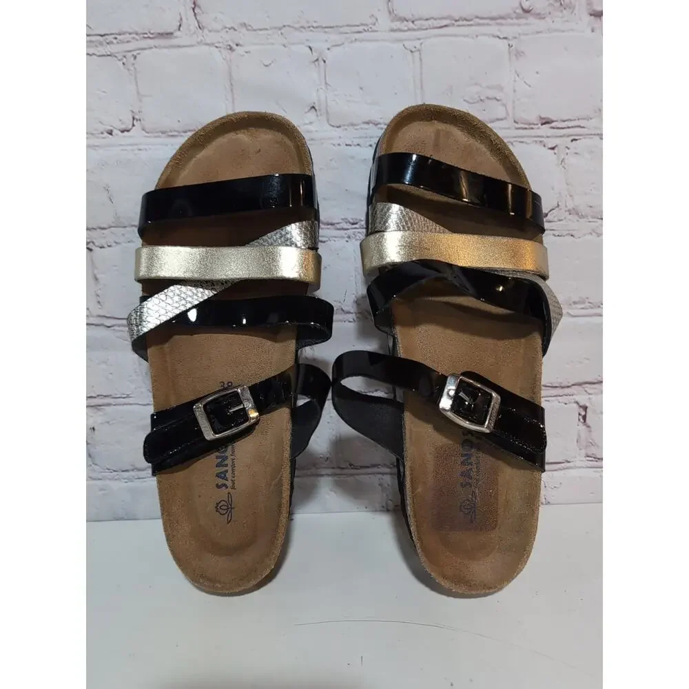 Sanosan Black Patent Metallic Leather Straps Soft Footbed Cork Wedge Sandals 38
